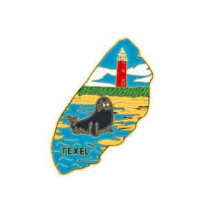 Metalen Souvenirmagneet Texel Eilandvorm – Zeehond & Vuurtoren